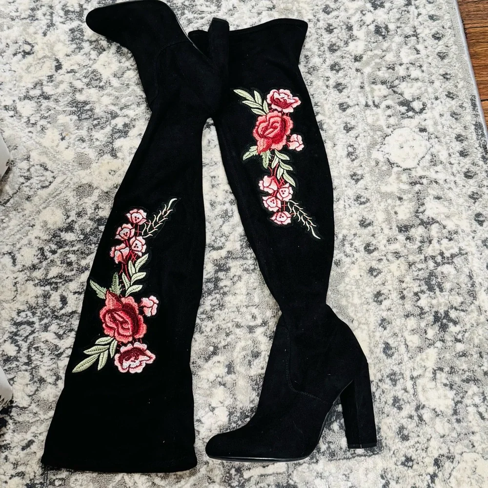 Steve Madden Black Rose Embroidered Over the Knee Faux Suede Boots